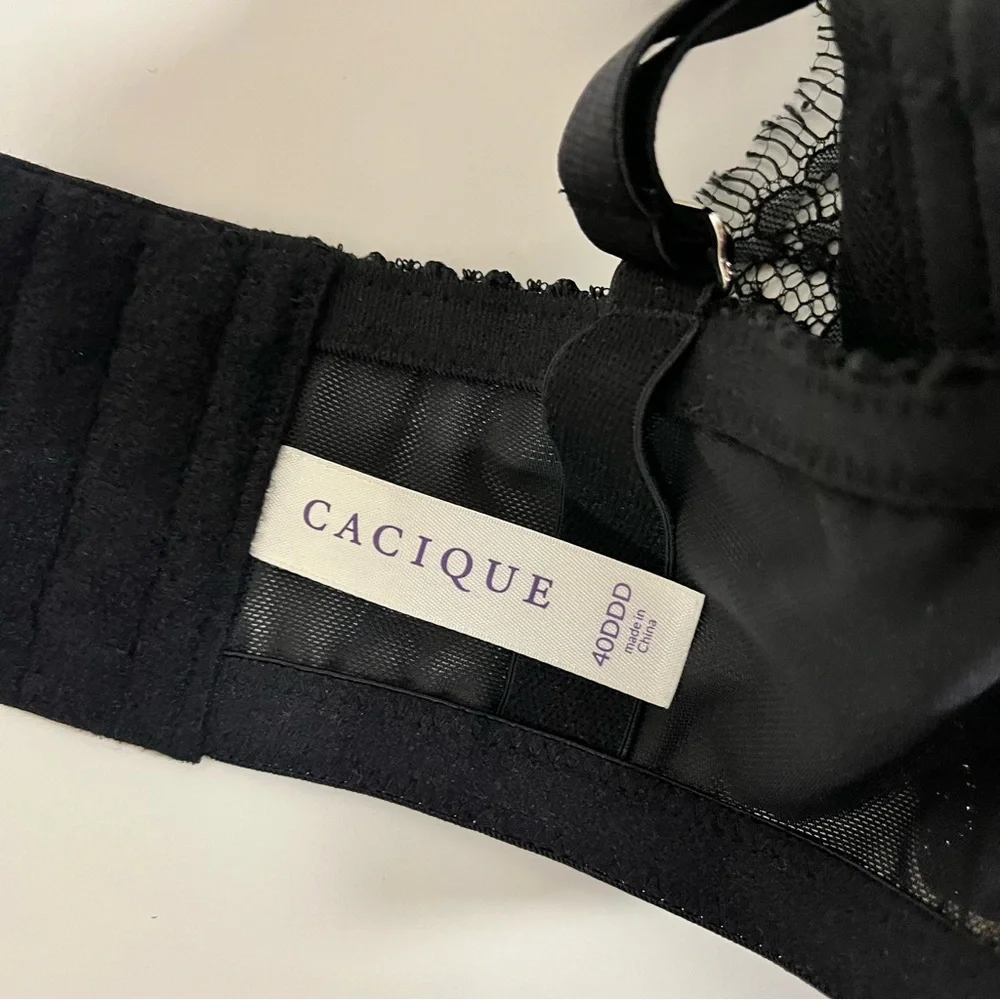 Cacique Asymmetrical Lace Hidden Wire French Balconette Black Sparkle size 40DDD